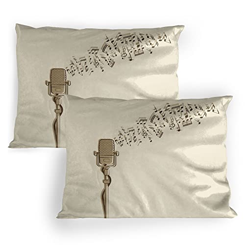 Lunarable Microphone Pillow Sham Set of 2, Retro Equipment in Hand Drawn Style with Music Notes Karaoke Singing Voice, Quality Microfiber Bedding Item for All Seasons, 26" x 20", Beige and Cocoa