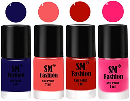 Image of Nail Polish Combo Set (Pack of 4) Quick Dry Gel Finish Nail Paint | Dark Blue,Light Pink,Red Orange,Deep Pink | 7 ml Each