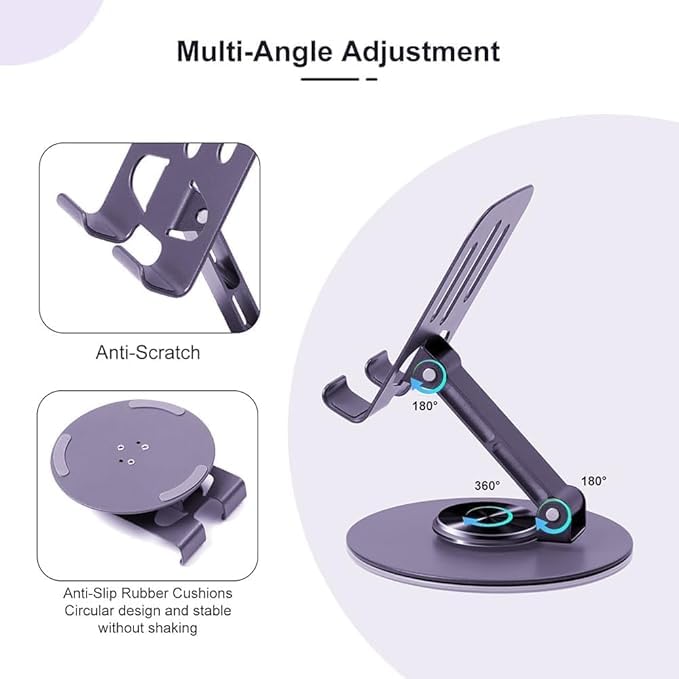 Image of WALLVIEW TECH Aluminium Stand Portable Desktop Phone Stand 360 Rotatable and Foldable Cell Phone Holder Metal Base for Table & Bed Compatible with All Smartphones & Tablets Desk-Purple