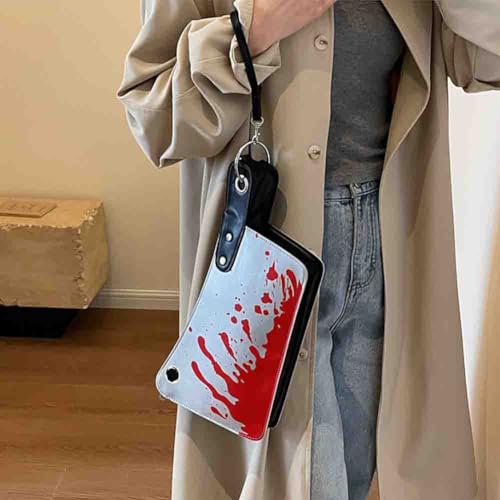Image of PU Leather Creative Prank Knife Shoulder Bag, Japanese Cartoon Gothic Horror Crossbody Bag, Bloody Axe Chopper Clutch Purse