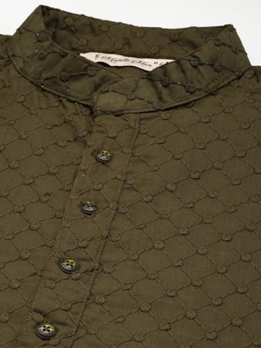 Image of Majestic Man Men's Cotton Blend Regular Fit Casual Polyester Mandarin Collar Ethnic Motifs Embroidered Long Regular Kurta