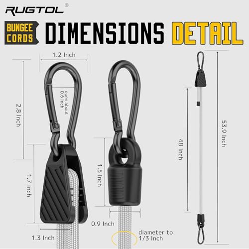 Image of Bungee Cords with Hooks, 48 Inch Adjustable White Bungee Cords with Carabiner Heavy Duty Outdoor, 8mm Thick Easy to Adjust Bungee Rope UV Resistant for Truck Bed, Bike Rack, Camping, 6 Pack