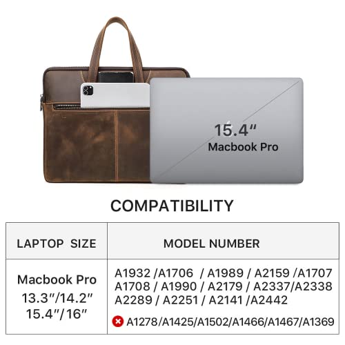 Image of Top Grain Leather Text Customizable 15.4 inch Slim Laptop Briefcase Handbag, Vintage Handmade, Compatible with MacBook Pro /Air 13.3 inch /14.2 inch /15.4 inch /16 inch & other Laptop /Tablet, Coffee 15.4 Inch