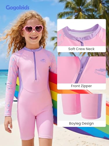 Gogokids Girls One Piece Swimsiut Rash Guard Suits Front Zipper Long Sleeve UPF 50+ Sun Protection Swimwear,Pink Butterfly,7-8 Years — view 3