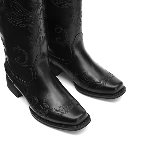 Image of DREAM PAIRS Women's Square Toe Cowboy Cowgirl Boots Pull On Low Chunky Heel Mid Calf Western Boots with Embroidered Stitched for Theme Party Country Concert
