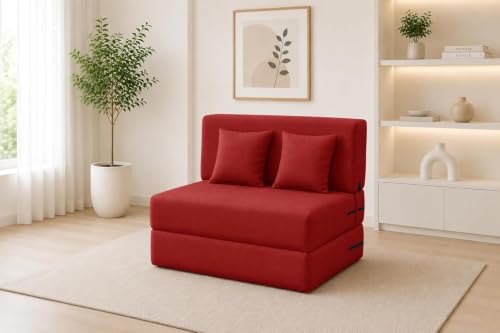 Image of Los Angeles Foldable 1 Seater Sofa Cums Bed, Sofa Bed 3 X 6 Feet Jute Fabric Washable Cover- Including Cushion Perfect for Living Room - Red Color