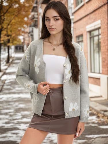 Floral Cardigan Sweaters for Women Open Front V Neck Button Down Long Sleeve Knit Outerwear Fall Outfits 20252