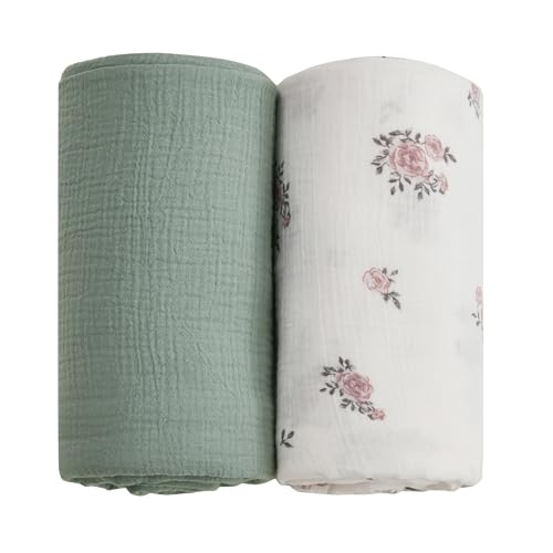 Image of QSTEHEML Muslin Swaddle Blankets, Baby Receiving Blankets for Boys and Girls, 2 Pack Soft and Breathable, Neutral, Large 47 x 47 inches (Light Green & Floral)