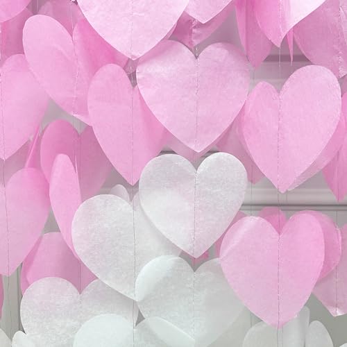 Image of 205 Ft Hot Pink Party Decorations Ombre Pink White Heart Backdrop Streamer Tissue Paper Heart Hanging Garland for Birthday Bachelorette Valentines Day Wedding Bridal Shower Engagement Party Supplie