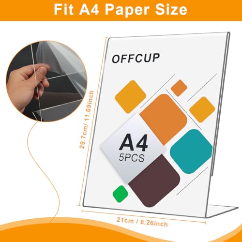 OFFCUP A4 Acrylic Sign Holder, 5pcs Poster Menu Holder, Perspex Display Stand L-Shape Double Sided Display Stands for Office, Restaurant, Hotel, Promotions, Photo, Documents Display Stand Holders