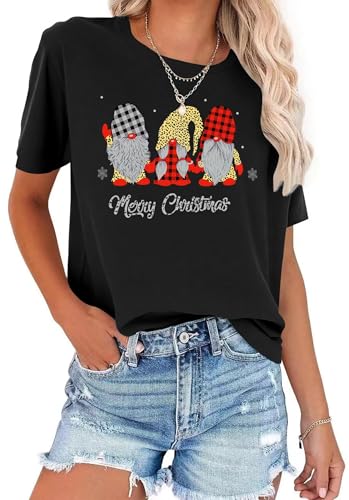 LACOZY Womens Crew Neck Christmas Shirt Merry Christmas Holiday Graphic Tees Family Holiday Xmas T-Shirts Gift Tops Black S