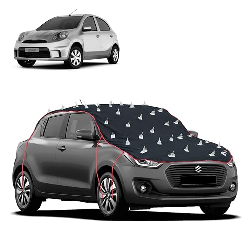 Image of Dog Protection Spike Car Cover for Nissan Micra Bonnet to Roof Easy Installation with 4 Elastic Hook Strap | Anti-Scratch Soft Cotton Inner | Complete Protection from Street Dogs & Monkeys