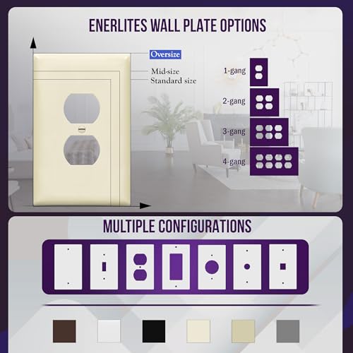 Image of ENERLITES Duplex Receptacle Outlet Wall Plate, Jumbo Electrical Outlet Cover, Gloss Finish, Oversized 1-Gang 5.51 inch x 3.50 inch, Polycarbonate Thermoplastic, 8821O-LA, Light Almond