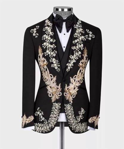 3 Piece Men's Tuxedo Suits Luxury Applique Beads Slim One Button Blazers Jacket Vest Pants Sets for Wedding,Prom2