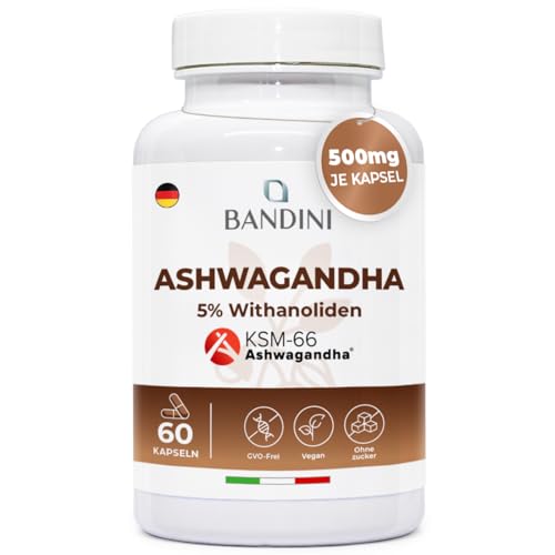 Bandini® Ashwagandha Withania Somnifera - Patentierter Ashwagandha-Wurzelextrakt KSM-66® - 5% Witanolide - Hochdosiert mit 500 mg PRO KAPSEL - Original Indische Schlafbeere - 60 Kapseln für 2 Monate