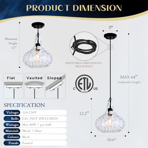 Image of 11 inch Black Hammered Glass Pendant Light, E26 Kitchen Island Light | 11 inch handblown hammered glass pendant light with matte black finish, adjustable cord, E26 base, ideal for kitchen islands