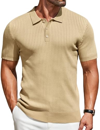 COOFANDY Polo de Manga Corta para Hombre, de Punto, para Tiempo Libre, de Punto Fino, Beige, M