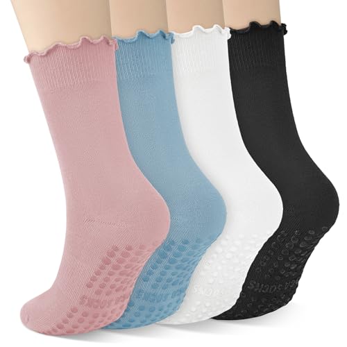 4 Pairs Ruffle Pilates Socks with Grips for Women Yoga Cute Grip Socks Pilates Non Slip Crew Ballet Hospital Workout