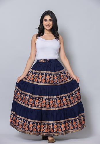 Image of Women's Cotton Printed Long Skirt | Ethnic Folk Print Tiered Maxi Skirt for Women | Elastic Waist Flared Boho Skirt | Traditional Casual for Women