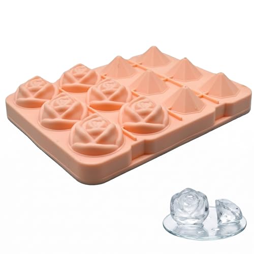 Stampo Ghiaccio in Silicone Rosa con Forme a Rosa e Diamante, Stampi Ghiaccio per Cocktail e Whisky, Cubetti Ghiaccio Grandi a Lenta Fusione, Senza BPA, Facile Estrazione, 13.5x18x3.5cm