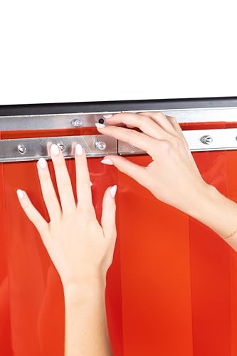 Image of Red Welding PVC Strip Door Curtain Kit - 60 in. (5 ft) Width x 84 in. (7 ft) Height - Heavy-Duty 8 inch x .08 inch Smooth PVC Strips, 50% Overlap, Universal Mount Hanger, NSF /USDA Approved - Made in USA