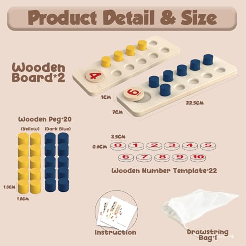 Image of TEUVO Counting Peg Board Montessori Toys for Kids Aged 3 4 5 6 Years Old, Montessori Math Manipulatives Materials Wooden Preschool Learning Number and Counting Games for Home School Classroom Teaching