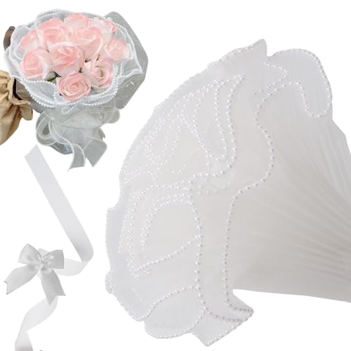 Himemaru 花束 包装紙 花 ラッピング パールビーズ付き シフォンリボン付き 使い切り ホワイト 約27cmｘ約175cm 花束のボリュームアップ リボン2メートル 白 母の日ギフト 父の日 記念日 - Himemaru - 商品画像