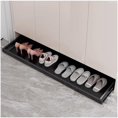 Expandable Under Bed Shoe Organizer, Pull-Out Shoe Rack for Closet & Entryway, Rebound Slide Rail Shelf, Black, 31x81cm - Space-Saving Solution for Shoes