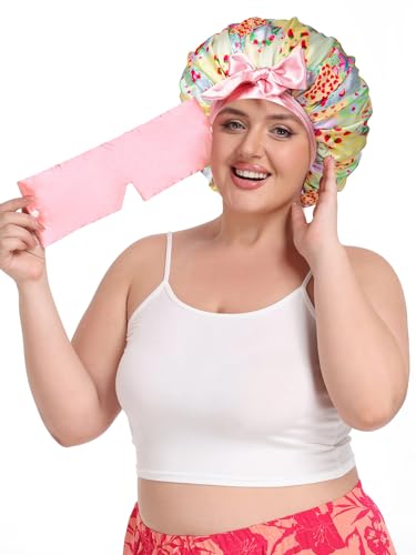 Vettres Double Layer Satin Bonnet for Sleeping with Detachable Eye Mask Adjustable Night Cap for Curly, Natural, Braided Hair Reduces Frizz & Locks in Moisture Yellow Strawberry — view 5