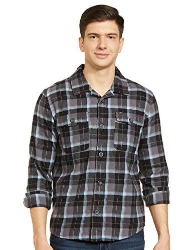 Image of The Indian Garage Co Men Regular Fit Checkered Full Sleeves Spread Collar Double Flap Pocket Casual Over Shirt