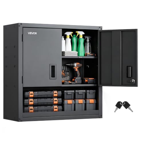Image of VEVOR Metal Wall Cabinet, 76.2W x 30.5D x 76.2H Inch, Steel Floating Hanging Storage Cabinet with Locking Doors and Adjustable Shelf for Garage, Basement, Kitchen, Warehouse Assembly Required, Black