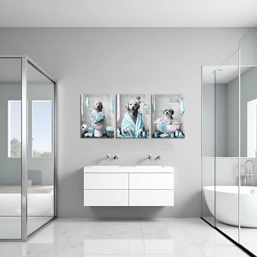 Image of sechars Funny Dogs Bathroom Wall Art Grey and Teal Bath Decor Cute Animal Painting Canvas Print (Teal)