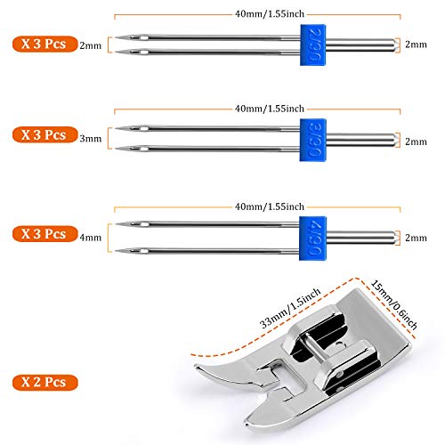 9Pcs Sewing Machine Double Needle Twin Needles (Size 2.0/90 3.0/90 4.0/90) & 2Pcs Universal General Purpose Zig Zag Presser Foot #TOP1