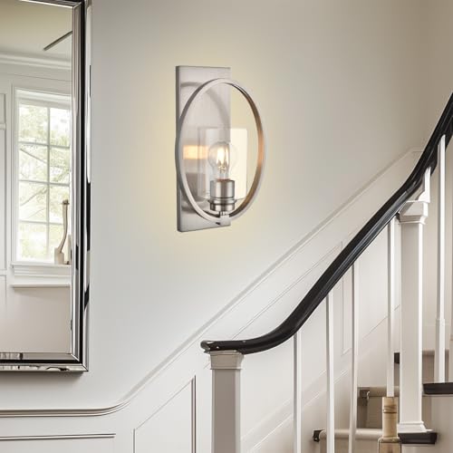 Image of Vintage Wall Sconce with Glass Shade, 1-Light Brushed Nickel Farmhouse Wall Lights, Dimmable Bathroom Vanity Light for Mirror Hallway Living Room Bedroom (Nickel)