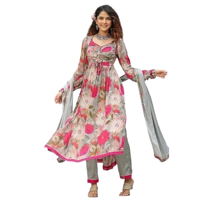 Image of KD Georgette Women's Anarkali Floral Printed Kurta Pant Set with Dupatta Kurta Kurti for Women