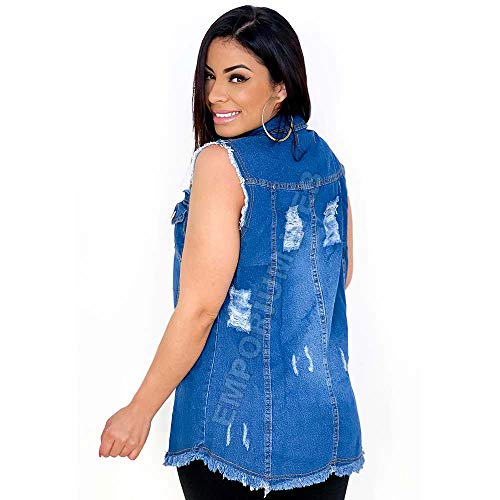 Max Colete Jeans Feminino Destroyed - EWF Jeans - Azul Escuro (M)