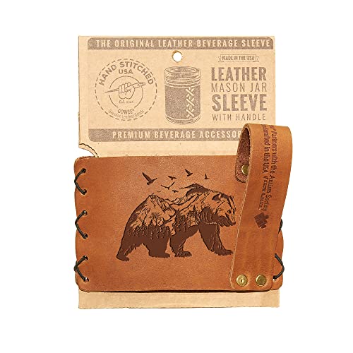 Oowee Products | Mountain Bear Wide Mouth Mason Holder/Sleeve | Sleeve Only | Fits A 16 Ounce Jar | Genuine Leather | Made In The Usa #TOP2