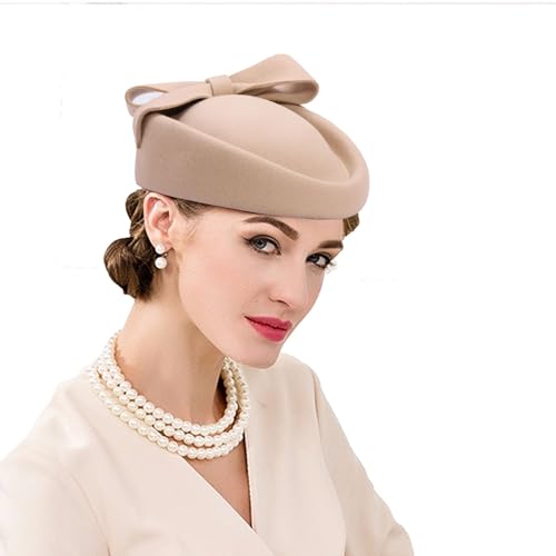 Fasbuy Wool Felt Fascinator Women Elegant Pillbox Hat Bowknot Derby Church Hat Retro Fedoras Light Camel