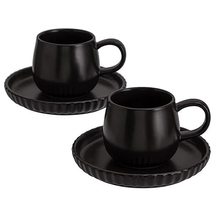 D'ORAMIE Coffee Cup Set of 2 Ceramic Cups and Saucers Porcelain Tea Cup Set of 2 Cups for Kitchen- Matt Black Latte/Cappuccino/Espresso/Tea Cups and Saucers Set for Party 8.5oz