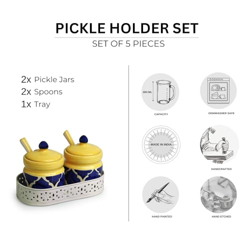 Image of ExclusiveLane 'Moroccan' Ceramic Pickle Jars For Dining Table Ceramic Container With Spoons & Iron Tray (Non Air-Tight, Set Of 2, 280 ml) Jars For Kitchen Storage Pickle Jar For Storage,Multicolor