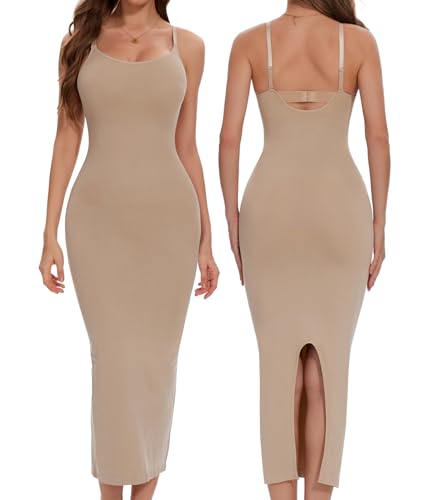 Shapewear Slip Dress for Women Tummy Control Full Slip for Under Dresses Black Slip Dress Back Slit Long Dress