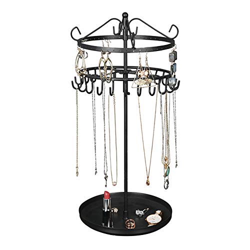 OROPY Rotating Jewelry Tower Organizer, Vintage Round Necklace Hanger Stand for Tabletop - 24 Hangers for Bracelets, 50 Holes for Earrings Studs, Tray for Rings OROPY Rotating Jewelry Tower Organizer, Vintage Round Necklace Hanger Stand for Tabletop - 24 Hangers for Bracelets, 50 Holes for Earrings Studs, Tray for Rings