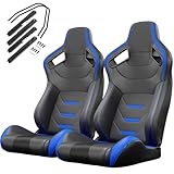 VroomAuto 2 Pcs Universal Racing Seats with Dual Lock Sliders,Reclinable Racing Bucket Seats Sport Seats for Cars,Adjustable PU Leather Seats (Black&Blue)
