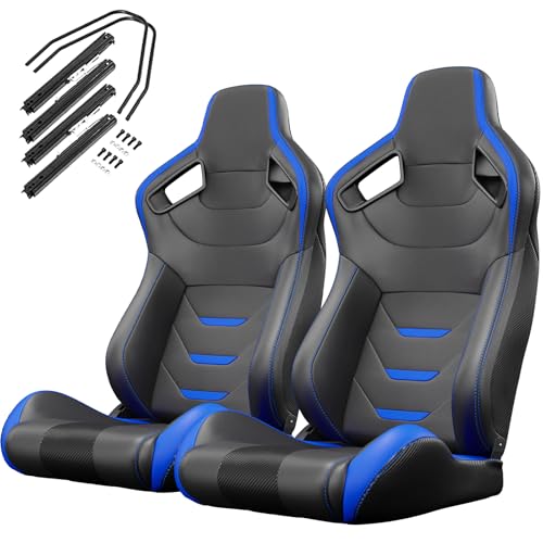 VroomAuto 2 Pcs Universal Racing Seats with Dual Lock Sliders,Reclinable Racing Bucket Seats Sport Seats for Cars,Adjustable PU Leather Seats (Black&Blue)
