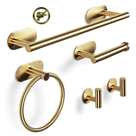 Virklyee Conjunto Toallero Toallero de 5 Piezas: Toallero de Acero Inoxidable Anillo de Toalla Portarrollos para Papel Higiénico 2 Gancho Montado en la Pared Accesorios de Baño Autoadhesivo (Oro)