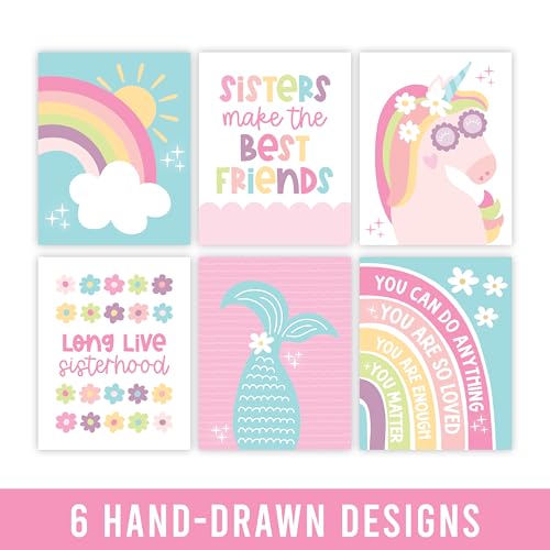 Image of Hadley Designs 6 Colorful Girls Room Wall Art - Mermaid Girls Room Decor for Bedroom, Aesthetic Nursery or Teen Bedroom Art, Unframed Cute Rainbow & Unicorn Posters for Kids' Space, Made in USA