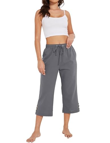Wrolem Womens Capris Pants High Waist Drawstring Comfy Casual Pants Casua Lightweight Loose Trousers Buttons Trim With Pockets Darkgrey X-Large thumb #5