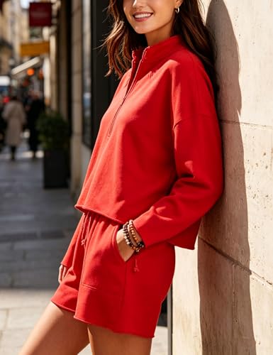 Image of Bozanly Two Piece Outfits for Women Trendy Long Sleeve Tops Shorts Set