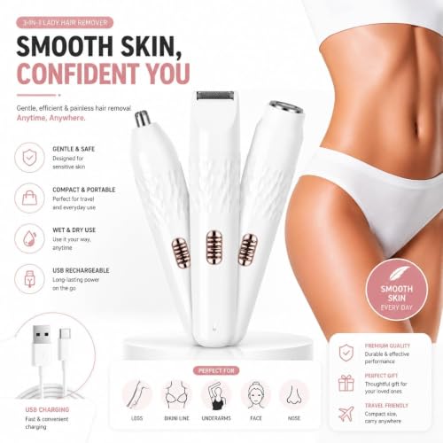 Image of Women's Trimmer for Bikini, Face & Body Hair Removal Eyebrow Trimmer for Woman || 120Min Runtime || Facial Hair Remover for Face, Underarms, Nose, Intimate Areas, Arms, Legs Travel Friendly R4