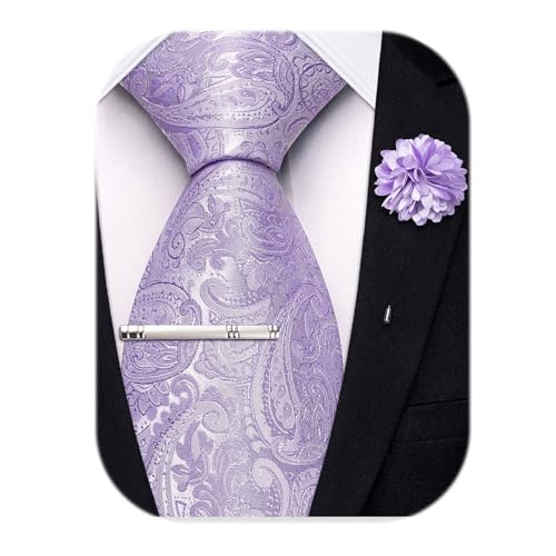 Image of Hi-Tie 63 inches Striped Paisley Extra Long Ties for Men Silk Necktie with Lapel Pin Tie Clip Big and Tall Men Formal Wedding